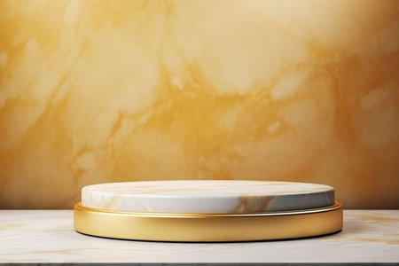 Abstract cylinder pedestal podium display. Yellow and white and white marble with gold details. Product presentation, mock up, show natural cosmetic product. Modern pastel scene for Award, Decor element background, studio lightingの素材