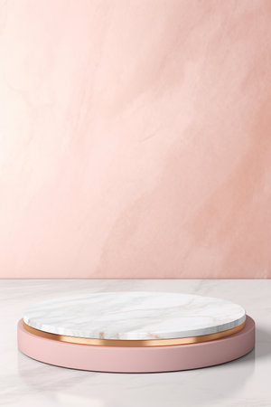 Abstract cylinder pedestal podium display. Pink and white marble with gold details. Product presentation, mock up, show natural cosmetic product. Modern pastel scene for Award, Decor element background, studio lightingの素材