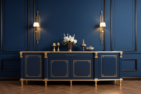 Art Deco Buffet Decorating a Classic Dining Room with Luxurious Gold and Navy Blue, home interior design of modern living roomの素材