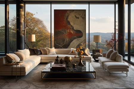 Elegant velvet sofa and marble coffee table in a modern living room with a beautiful view, home interior design of modern living roomの素材