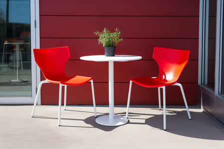 Contemporary outdoor patio bistro set with pops of red and white, home interior design of modern living roomの素材