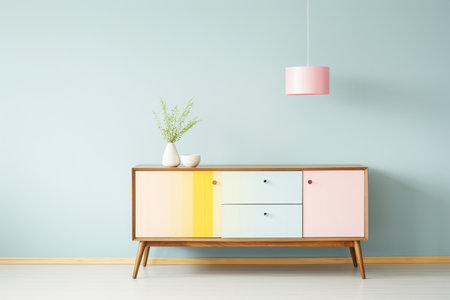 Mid-century modern buffet decorates a retro dining room in muted pastel colors, home interior design of modern living roomの素材