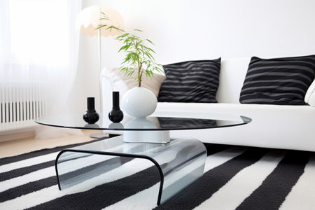 A glass coffee table complements a minimalist living room in a black and white color palette, home interior design of modern living roomの素材