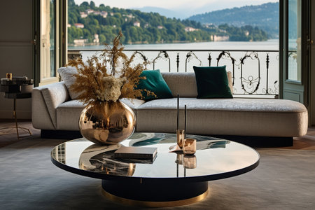 Elegant velvet sofa and marble coffee table in a modern living room with a beautiful view, home interior design of modern living roomの素材