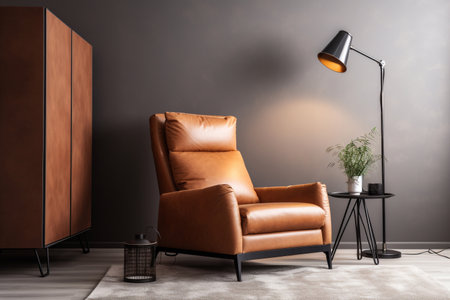 Retro leather armchair takes center stage in a vintage living room with earthy tones, home interior design of modern living roomの素材