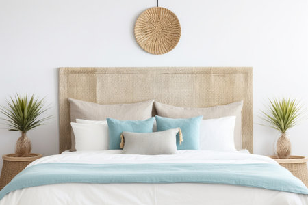 Seagrass wicker headboard in a coastal bedroom in soft blues and neutrals, home interior design of modern living roomの素材