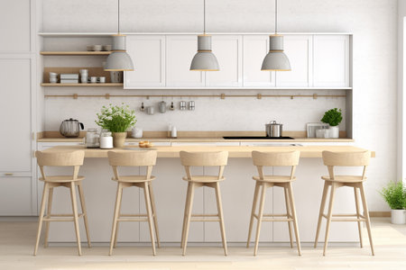 Scandinavian bar stools decorate a modern kitchen in calm neutral tones., home interior design of modern living roomの素材