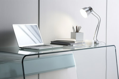 A sleek glass desk in a minimalist workspace with neutral tones, home interior design of modern living roomの素材