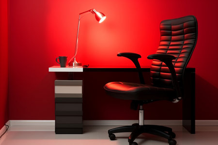 An ergonomic office chair that adorns a modern home office with vibrant red accents, home interior design of modern living roomの素材
