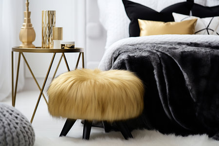 Fluffy bedside ottoman in a luxurious glamorous interior with gold and black decor, home interior design of modern living roomの素材
