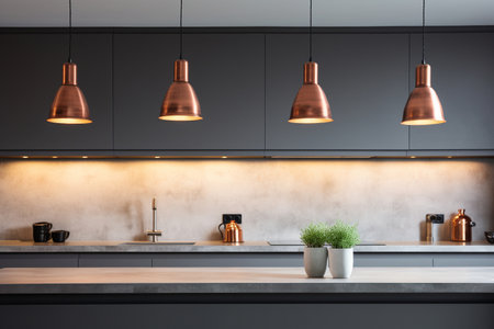 Modern lamps with copper metal shades in a contemporary industrial loft kitchen, home interior design of modern living roomの素材