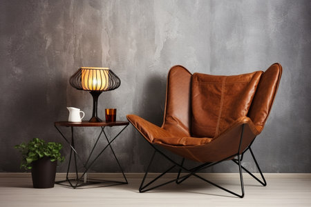 Leather sling chair in a modern living room with dark browns and neutrals, home interior design of modern living roomの素材