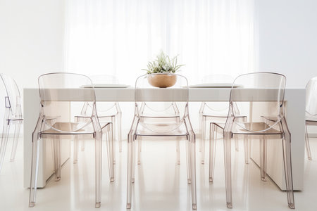 Glossy acrylic chairs surround a modern dining table in crisp whites and neutrals., home interior design of modern living roomの素材