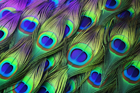 Exotic peacock feather texture with iridescent colors. Texture, background, patternの素材