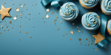 Birthday party blue and gold composition with cupcakes and confetti, banner concept for giftcard with copy space, dark background AI generatedの素材