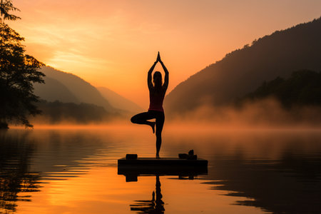 Person balancing on one leg in a yoga pose framed by the tranquil expanse of a calm lake on background of gold sunrise Ai Generatedの素材