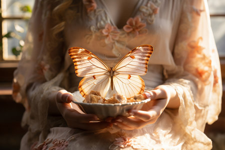 Soft hands cradle a delicate butterfly, showcasing the fragility, trust and beauty of the present moment Ai Generatedの素材