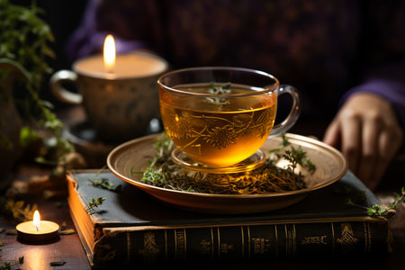 Beautiful vintage cup of hot herbal tea, cozy evening setting, candles, mindfulness and acceptance practice Ai Generatedの素材