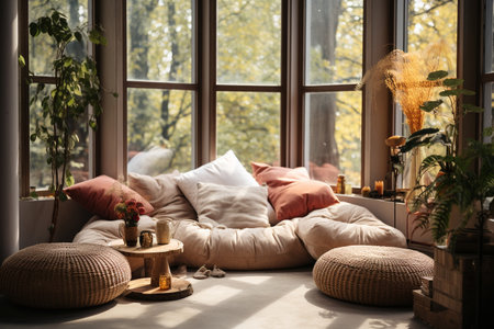 A cozy corner for mindfulness practice with soft pillows and plants in soothing colors against the background of the window, a comfortable space for self-reflection Ai Generatedの素材