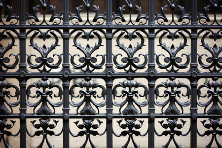 Intricate wrought iron fence texture with ornate designs. Texture, background, patternの素材