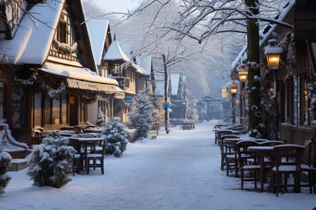Quiet, snow-covered village square. Decorated holiday houses, light of lanterns and garlands. Street cafes are covered with a layer of snow. Calm winter landscape AI generatedの素材