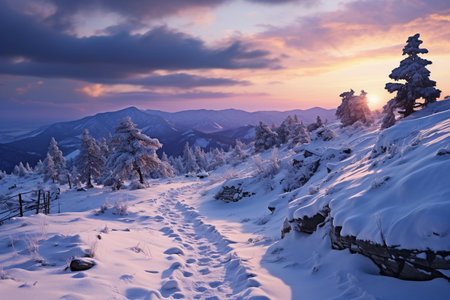 Mountain trekking among a snowy winter landscape. Snow-covered mountains on the horizon. Pastel sunset sky with fluffy clouds. Winter landscape with trees and bushes covered with a layer of snow AI generatedの素材