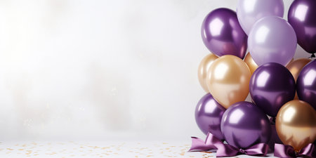 Birthday party banner violet and gold composition with balloons, confetti, concept giftcard, copy space, white background AI generatedの素材