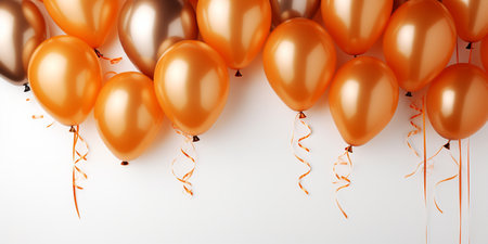 Birthday party banner orange and gold composition, balloons, confetti, concept giftcard, copy space, white background AI generatedの素材