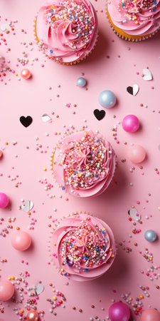 Birthday party pink and gold composition, cupcakes, balloons, confetti, banner concept giftcard, copy space, pink texture background AI generatedの素材