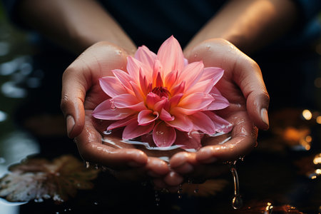 A pair of hands gently cradle a blooming glowing flower, symbolizing the delicate nature of mindfulness and growth Ai Generatedの素材