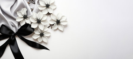 Close up flowers and silk ribbon on white background. Flat lay top view black and white composition with copy space for banner, card, wedding invitation and holiday branding design concept AI generatedの素材