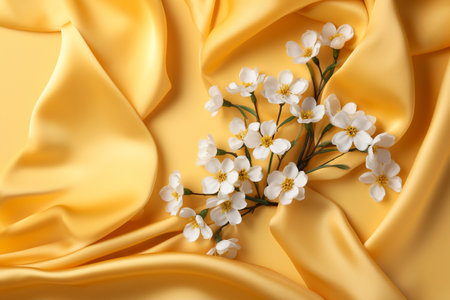 Close up white flowers on yellow silk fabric background. Flat lay top view composition with copy space for banner, card, wedding invitation and holiday branding design concept AI generatedの素材