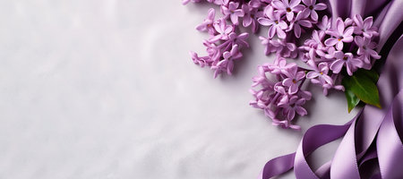 Mockup image close up lilac flowers and silk on fabric background. Banner, card, invitation and branding design concept Top view. Flat lay. Copy space for text AI generatedの素材