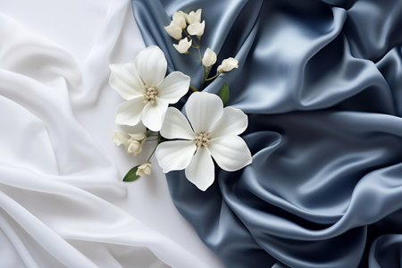 Close up white flowers and navy silk on white fabric background. Flat lay top view composition with copy space for banner, card, wedding invitation and holiday branding design concept AI generatedの素材