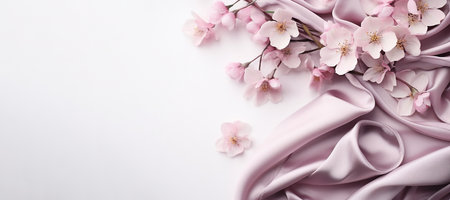 Pink flowers and silk on white panoramic background. Flat lay top view composition with copy space for banner, card, wedding invitation and holiday branding design concept AI generatedの素材