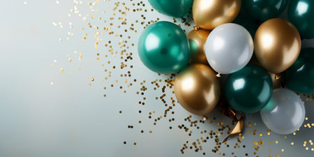 Birthday party banner green and gold composition with balloons, confetti, concept giftcard, copy space, white background AI generatedの素材