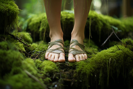 A close-up of a person's bare feet standing on a patch of soft moss, connecting to the ground and embracing the present Ai Generatedの素材