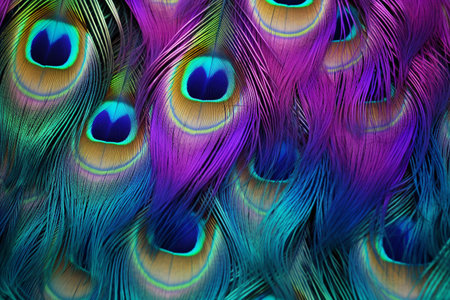 Exotic peacock feather texture with iridescent colors. Texture, background, patternの素材