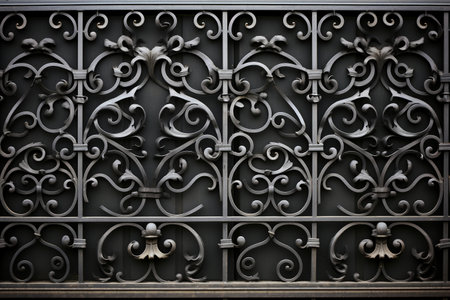 Intricate wrought iron fence texture with ornate designs. Texture, background, patternの素材