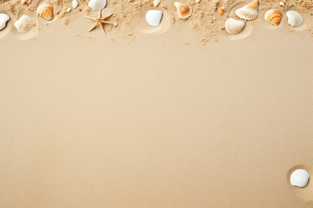 Sandy beach texture with seashells and footprints. Texture, background, patternの素材