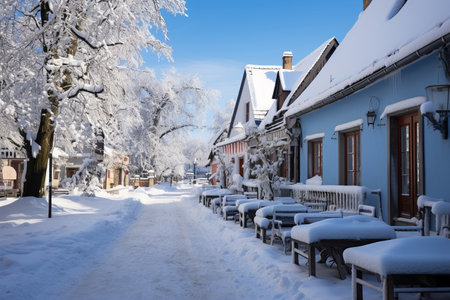 Quiet, snow-covered village square. Decorated holiday houses, light of lanterns and garlands. Street cafes are covered with a layer of snow. Calm winter landscape AI generatedの素材