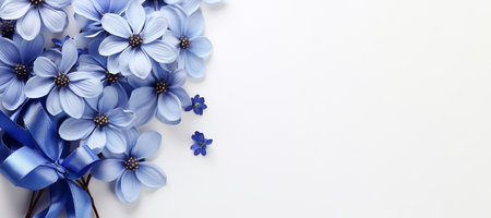 Panoramic blue flowers and silk ribbon on white background. Flat lay top view composition with copy space for banner, card, wedding invitation and holiday branding design concept AI generatedの素材