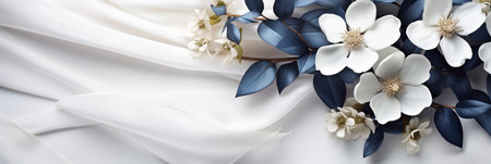Close up white flowers and navy silk on white fabric background. Flat lay top view composition with copy space for banner, card, wedding invitation and holiday branding design concept AI generatedの素材