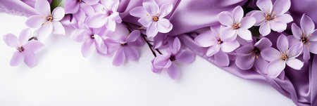 Close up purple flowers and silk on white background. Flat lay top view composition with copy space for banner, card, wedding invitation and holiday branding design concept AI generatedの素材
