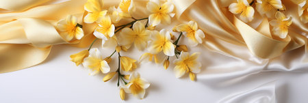 Yellow flowers and silk ribbons on white panoramic background. Flat lay top view composition with copy space for banner, card, wedding invitation and holiday branding design concept AI generatedの素材