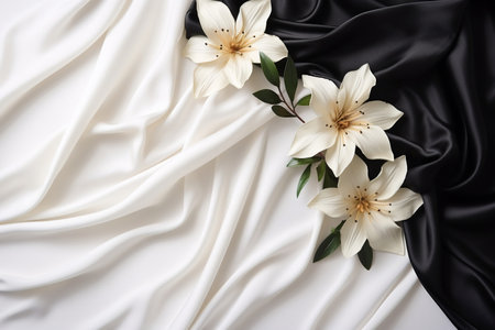 Mockup image close up flowers and silk on white fabric background. Banner, card, invitation and branding design concept Top view. Flat lay. Copy space for text AI generatedの素材