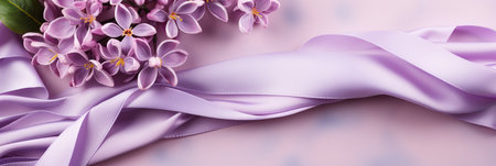 Mockup image close up lilac flowers and silk on fabric background. Banner, card, invitation and branding design concept Top view. Flat lay. Copy space for text AI generatedの素材