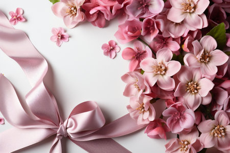 Close up pink flowers and silk on white background. Flat lay top view composition with copy space for banner, card, wedding invitation and holiday branding design concept AI generatedの素材