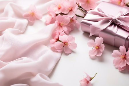 Pink flowers and silk on white background. Flat lay top view composition with copy space for banner, card, wedding invitation and holiday branding design concept AI generatedの素材