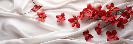Close up red flowers and silk ribbon on white panoramic fabric background. Flat lay top view composition with copy space for banner, card, wedding invitation and holiday branding design concept AI generatedの素材